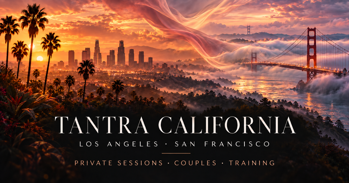 Elemental Tantra California artwork blending Los Angeles palms, San Francisco fog, water, earth and firelight