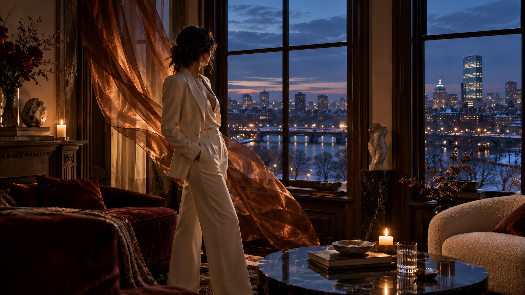 Elegant Boston professional in a private, sensual Back Bay-inspired interior at winter dusk