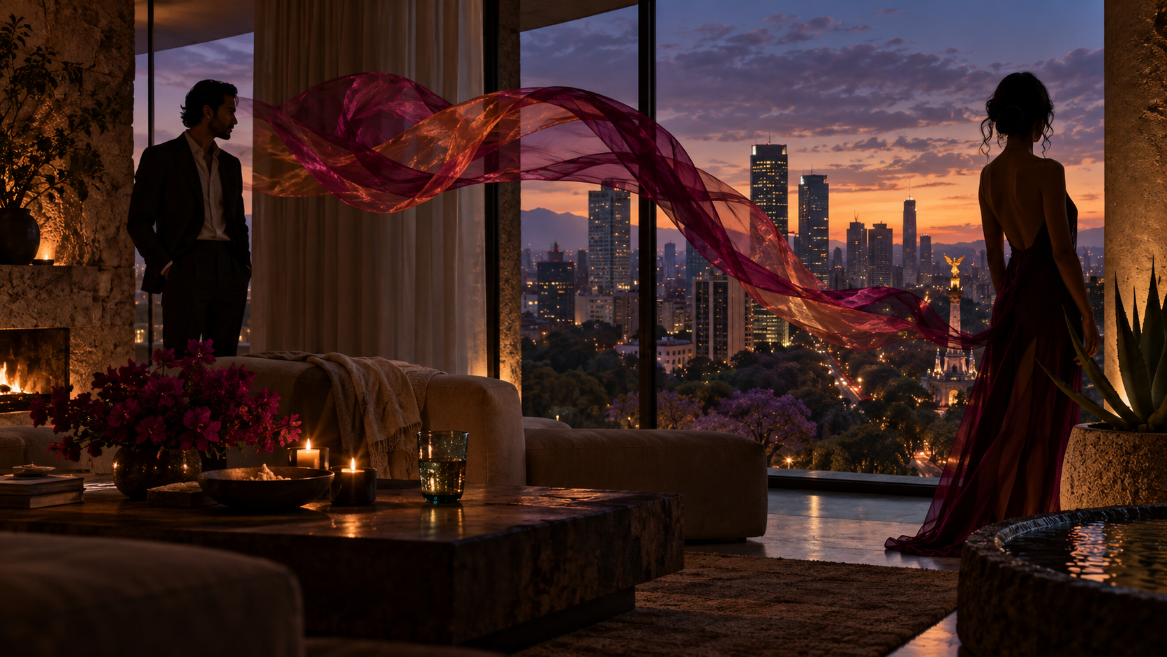 Elegant adults in a private, sensual Mexico City interior at volcanic sunset