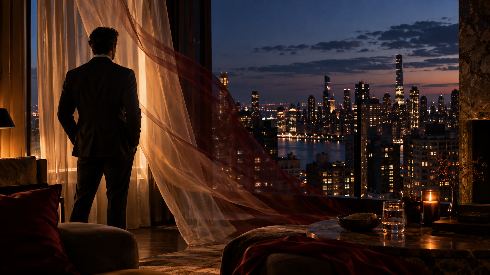 Elegant New York City executive in a private, sensual interior at blue hour